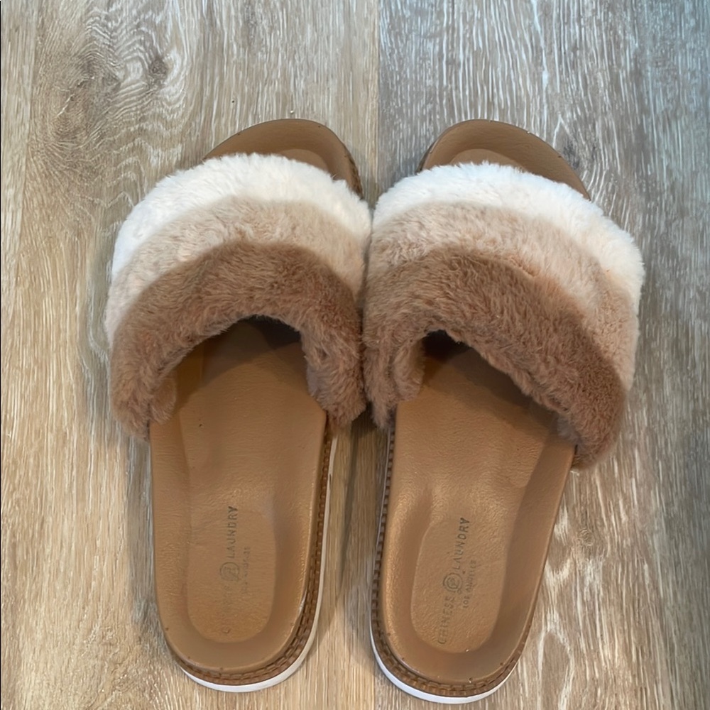 Cozy Brown and Cream Furry Slides